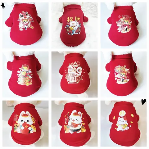 Pet Clothes Dog Hoodie Cat Sweater For Small Dogs Cats Cotton Warm Fleece Red Black Cartoon Chinese Style Festive Outfit
