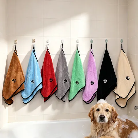 Serviette de Bain pour Animaux Super Absorbante Séchage Rapide Velo de Corail Douce avec Broderie d'Empreinte de Patte Chiens Chats