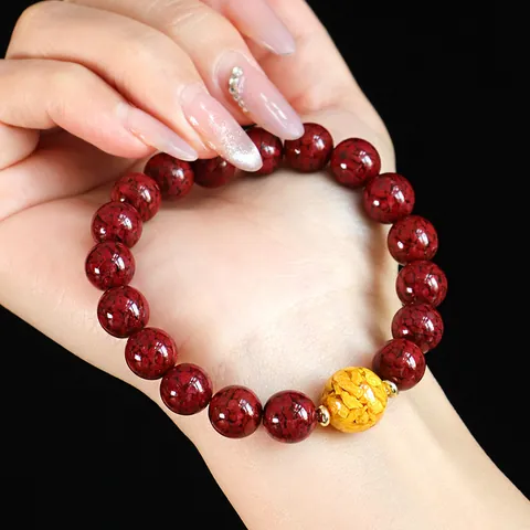 Natürliches Zinnober Kristall Armband Handgefertigtes Retro Chinesisches Stil Runde Perlen Armband Unisex Heilstein Schmuck
