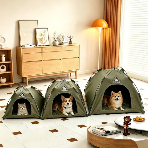 Portable Pet Tent Bed With Quilted Mat Breathable Sunscreen Waterproof Foldable Dog Cat House Indoor Outdoor Polyester Kennel