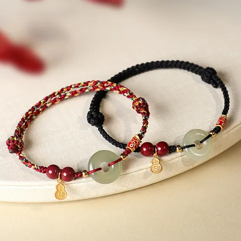 Handgeflochtenes Ethno Rotes Seil Armband 925 Sterlingsilber Vergoldet Nephrit Jade Pingan Schnalle Zinnober Koi Kalebasse Anhänger Schmuck