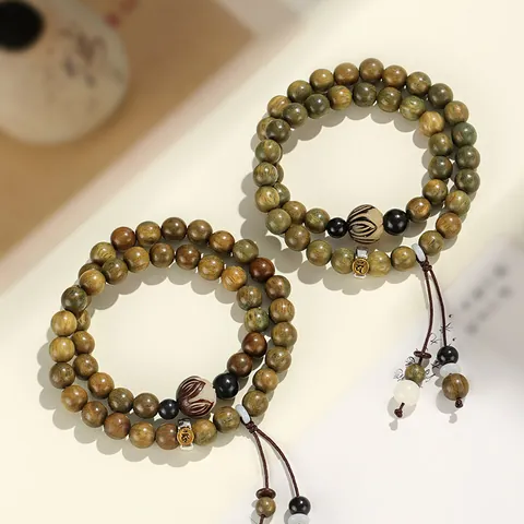 Natural Green Sandalwood Double Loop Beaded Bracelet For Men Women Carved Zodiac Guardian Buddha Ethnic Zen Prayer Beads