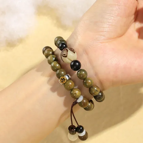Natural Green Sandalwood Double Loop Beaded Bracelet For Men Women Carved Zodiac Guardian Buddha Ethnic Zen Prayer Beads