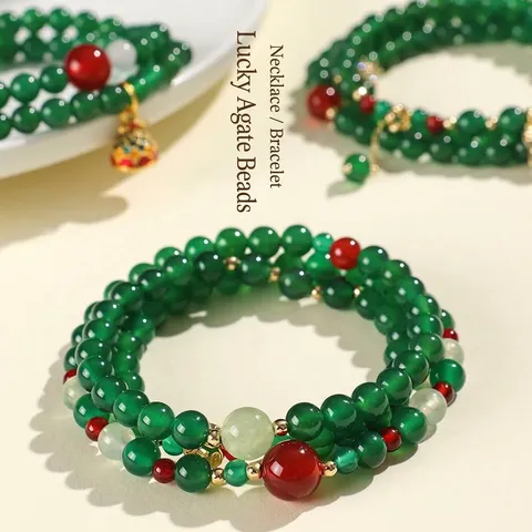 Ethnic Style Green Agate Red Agate Beaded Multi-wrap Bracelet For Women Vintage Prehnite Auspicious Charm Pendant Bracelet Jewelry Gift