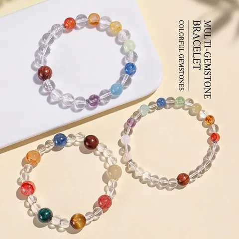 Pulsera de Cristal Natural Multicolor para Mujer Cristal de Roca Amatista Aguamarina Ojo de Tigre Sándalo Cuentas Joyería