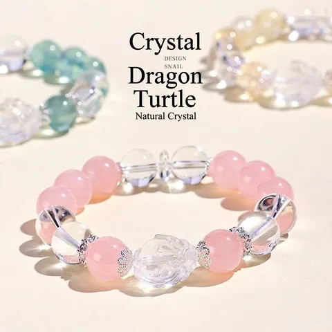 Natural Amethyst Rose Quartz Crystal Beaded Bracelet Dragon Turtle Carved Gemstone Healing Jewelry Handmade Bracelet For Women