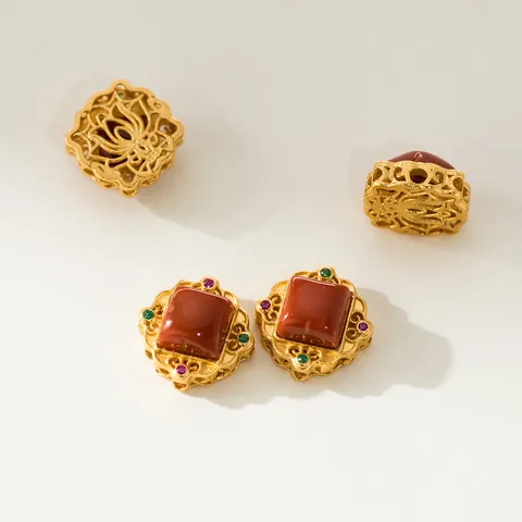 925 Sterling Silver Gold Plated Hollow Lotus South Red Agate Pendant Rhinestone DIY Bracelet Charm Jewelry Finding