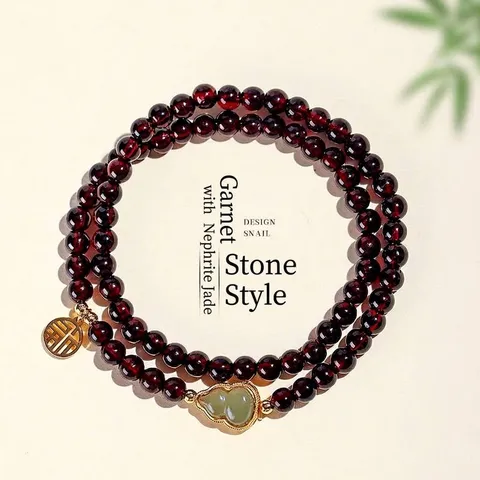 Natural Red Garnet Double Wrap Beaded Bracelet For Women Hetian Jade Gourd Charm Hand String Retro Ethnic Style Elegant Jewelry Gift