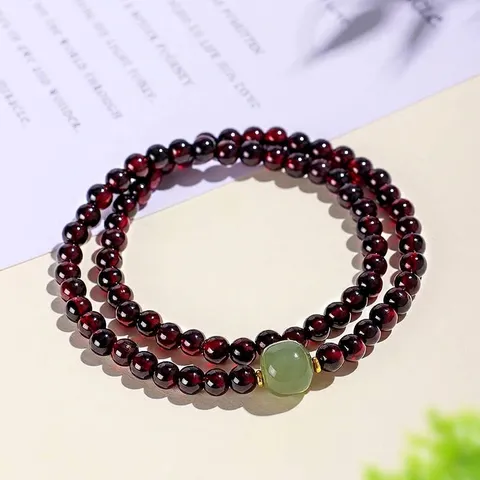Natural Red Garnet Double Wrap Beaded Bracelet For Women Hetian Jade Gourd Charm Hand String Retro Ethnic Style Elegant Jewelry Gift