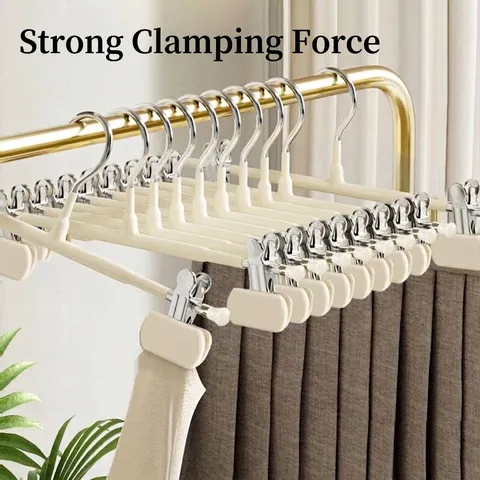 Household Retractable Pants Hanger Non-Slip Trace-less Skirt Clips With Metal Hooks Creamy White Hangers Closet Organizer