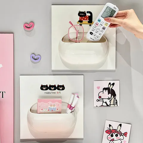 Wall Mounted Storage Shelf No Drill Cute Cartoon Cat Sticker Bathroom Makeup Organizer Holder ABS Plastic Kitchen Rack