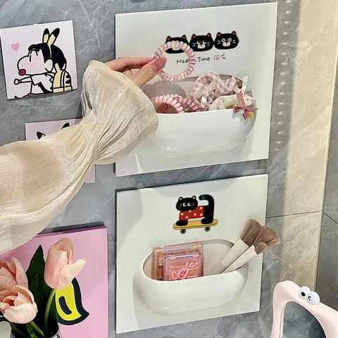 Wall Mounted Storage Shelf No Drill Cute Cartoon Cat Sticker Bathroom Makeup Organizer Holder ABS Plastic Kitchen Rack