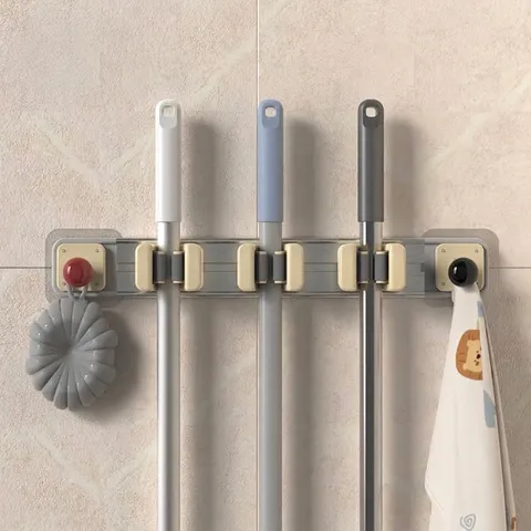 Aluminum Alloy Sliding Mop Holder Wall Mounted Broom Organizer Punch-Free Adhesive Bathroom Mop Clip With Adjustable Hooks