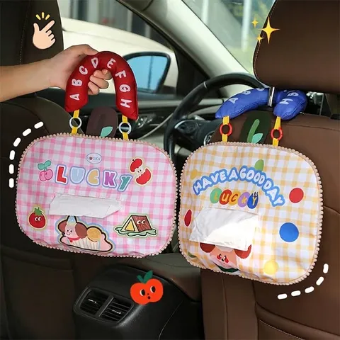 Hanging Car Tissue Bag Oxford Cloth Plaid Cartoon Apple Pattern Portable Large Capacity Auto Seat Back Tissue Box Cover Home Decor
