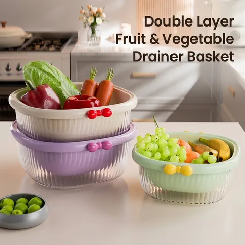 Double Layer Kitchen Drain Basket For Vegetable Fruit Washing Plastic Transparent Sieve Storage Bowl With Bowknot Decor