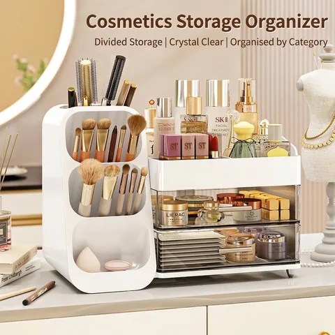 Large Capacity Makeup Organizer Desktop Storage Box With Drawers Cosmetic Brush Holder For Lipstick Skincare Vanity Table Organizer
