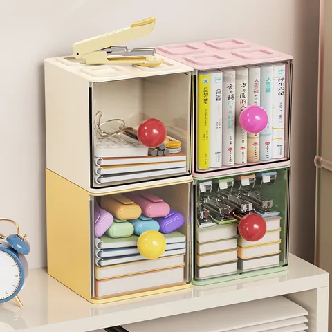 Stackable Drawer Desktop Storage Box With Round Handle Transparent Plastic Organizer For Stationery Jewelry Medicine Office