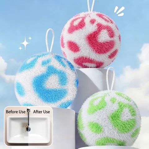 Japanese Style Bathroom Cleaning Ball Polypropylene Fiber Scrub Brush For Washbasin Bathtub Spiral Pattern Cleaning Tool With Lanyard