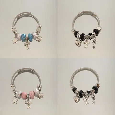 Jonc Ouvert DIY en Acier Inoxydable Avec Perles Cœur Nœud Étoile pour Femmes Bijoux de Mode Style Pandora Élégant Bracelet à Charms
