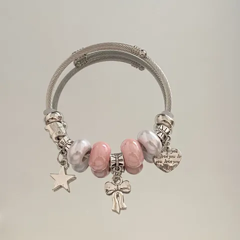 Jonc Ouvert DIY en Acier Inoxydable Avec Perles Cœur Nœud Étoile pour Femmes Bijoux de Mode Style Pandora Élégant Bracelet à Charms