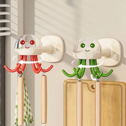 Creative Cartoon Jellyfish Octopus Shape Rotating Hook Adhesive Wall Mounted Kitchen Utensil Rack Rotating Multi-Claw Storage Hook For Spatula Spoon Bathroom Organizer