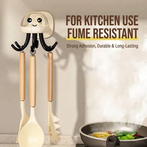 Creative Cartoon Jellyfish Octopus Shape Rotating Hook Adhesive Wall Mounted Kitchen Utensil Rack Rotating Multi-Claw Storage Hook For Spatula Spoon Bathroom Organizer