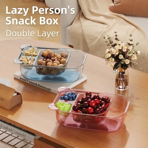 Double Layer Partitioned Draining Storage Box PET PP Fruit Vegetable Draining Basket With Lid Nut Snack Organizer Box For Kitchen