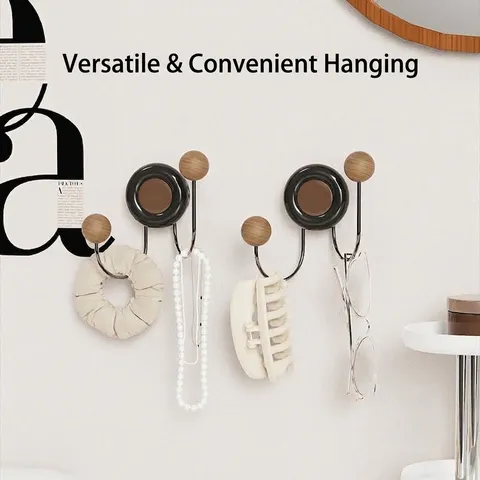Creative Suction Cup Double Hook Wall Mounted Hanger With Wooden Ball Decorative Strong Load Bearing Bathroom Kitchen Hook