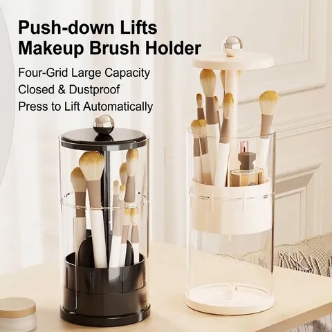 Creamy Style Makeup Brush Holder With Dustproof Lid Press Lift Rotary Desktop Cosmetics Storage Box 4 Compartments ABS Organizer