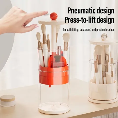 Creamy Style Makeup Brush Holder With Dustproof Lid Press Lift Rotary Desktop Cosmetics Storage Box 4 Compartments ABS Organizer