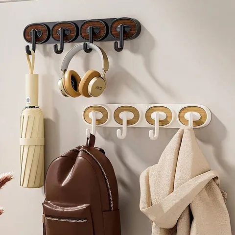 Modern Minimalist Oval Wall Hook Punch-Free Heavy Duty Walnut Wood Grain Adhesive Rack For Kitchen Bathroom Entryway Home Storage