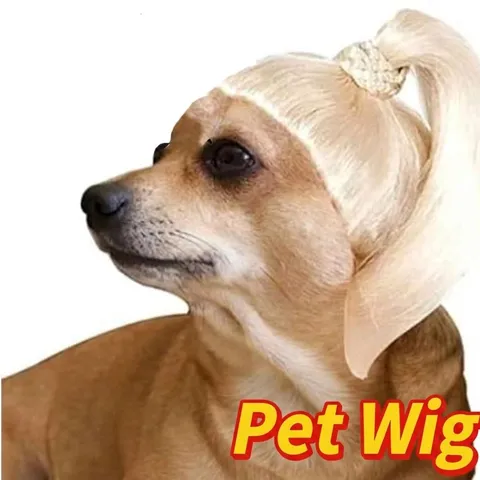 Divertida Peluca de Coleta para Mascotas para Perros Rubia Pelo Sintético Disfraz Halloween Peluca para Perros Con Cordón Elástico Ajustable