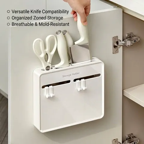 Kitchen Wall Mounted Knife Holder Punch Free Cabinet Door Storage Rack With Adjustable Hooks Stainless Steel Organizer For Knives Scissors Kitchen Tools