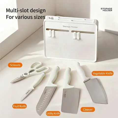 Kitchen Wall Mounted Knife Holder Punch Free Cabinet Door Storage Rack With Adjustable Hooks Stainless Steel Organizer For Knives Scissors Kitchen Tools