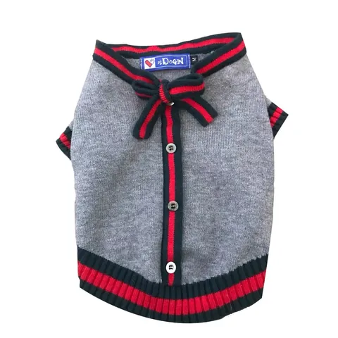 British Style Knitted Pet Sweater For Dogs Cats Classic Stripe Bow Knot Winter Warm Puppy Clothes Gray Small Medium Large