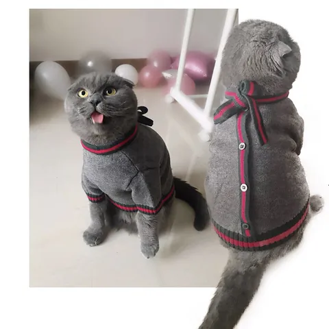 British Style Knitted Pet Sweater For Dogs Cats Classic Stripe Bow Knot Winter Warm Puppy Clothes Gray Small Medium Large