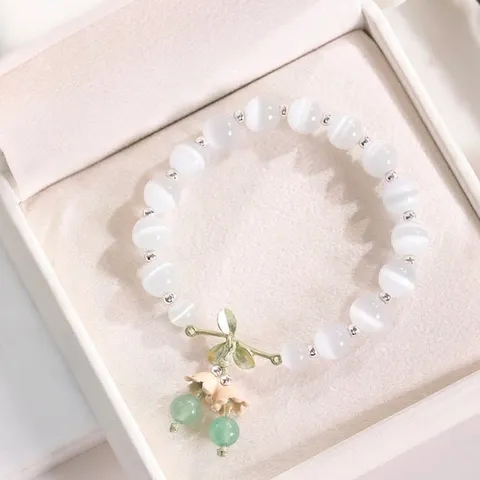 Pulsera de Cuentas de Ojo de Gato Hecha a Mano para Mujer Con Colgante de Suerte de Flor Mariposa de Aleación Joyería Regalo
