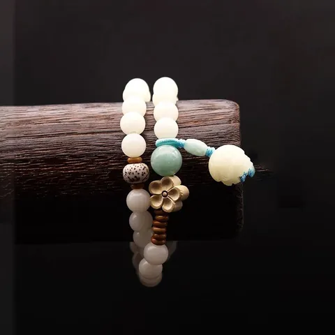 Pulsera de Raíz de Bodhi de Jade Blanco de Nuevo Estilo Chino Para Mujeres Colgante de Loto de Madera Hecho a Mano Cuentas de Oración Budistas Joyería Vintage
