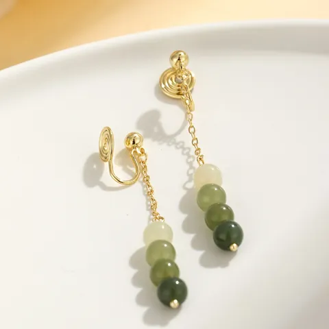 Retro Natural He Tian Jade Drop Earrings For Women Elegant Gold Plated Freshwater Pearl Long Tassel Clip-on Earrings Chinese Style Jewelry
