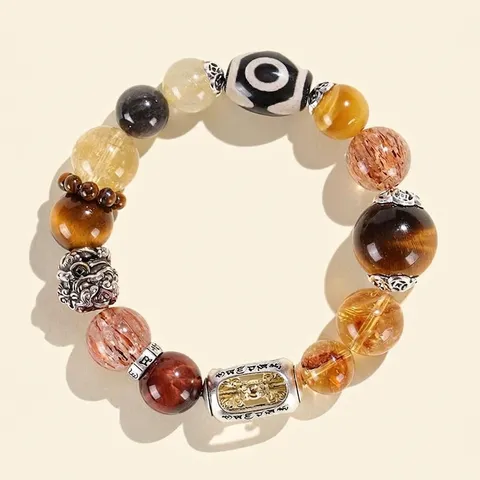 Handgefertigtes Natur Tigerauge Stein Kristall Perlenarmband Ethno Original Design Mythisches Biest Drei Augen Dzi Armband Für Herren Damen Schmuck