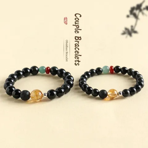 New Chinese Style Obsidian Rutilated Quartz Bracelet Agate Jade Volcanic Stone Beaded Couple Bracelet Handmade Jewelry