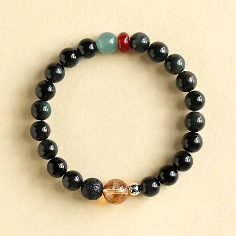 New Chinese Style Obsidian Rutilated Quartz Bracelet Agate Jade Volcanic Stone Beaded Couple Bracelet Handmade Jewelry