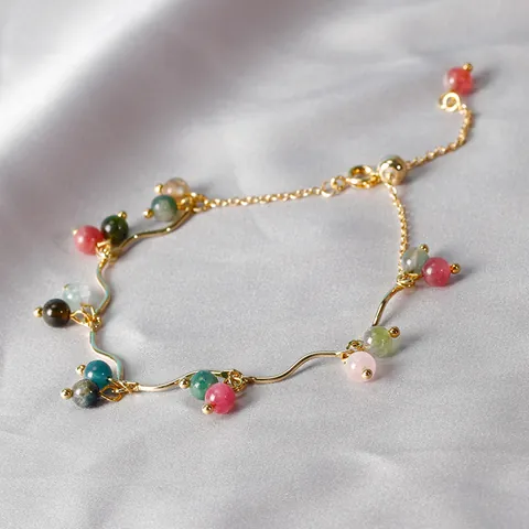 Natürliche Granat Turmalin Mondstein Erdbeerquarz Armband Für Damen Französisch Retro Kupfer Gold Wellenkette Schmuck Geschenk