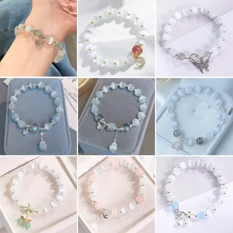 Pulsera de Cuentas de Ojo de Gato Hecha a Mano para Mujer Con Colgante de Suerte de Flor Mariposa de Aleación Joyería Regalo