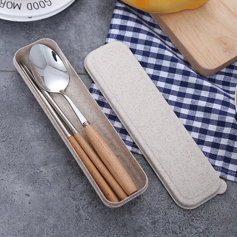 Portable Stainless Steel Tableware Set With Wood Handle Spoon And Chopsticks Travel Case For Students Outdoor Office