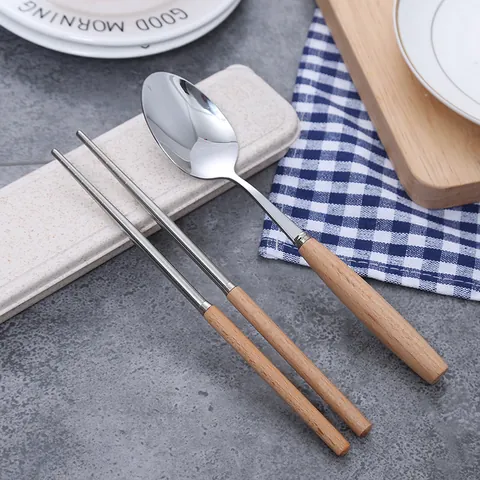 Portable Stainless Steel Tableware Set With Wood Handle Spoon And Chopsticks Travel Case For Students Outdoor Office