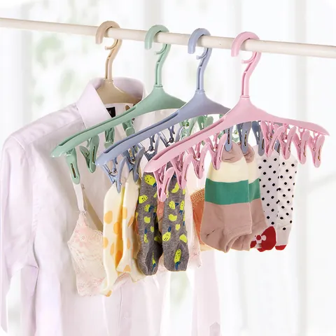 Multi-Functional Windproof Hanger With 8 Clips Non-Slip Plastic Drying Rack For Socks Underwear Nordic Style Home Storage Organizer