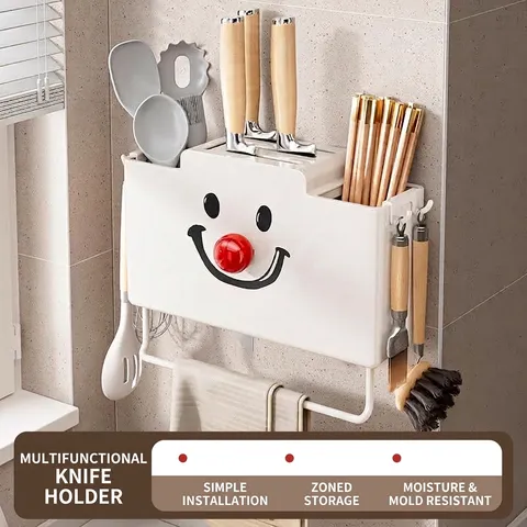 Kitchen Wall-Mounted Multi-Functional Storage Rack Cartoon Smiley Face Chopstick Spoon Knife Holder With Towel Bar Hooks PP Plastic Draining Organizer