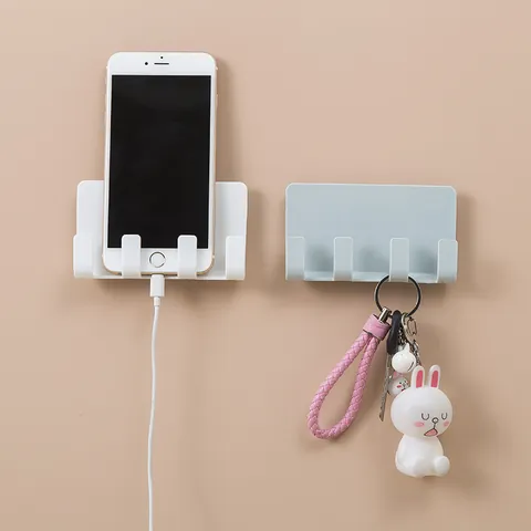 Wall Mounted Phone Charging Stand Adhesive Mobile Phone Holder With 4 Hooks Universal Wall Storage Rack For Home Bedroom Office