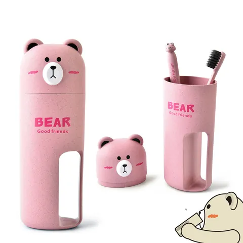 Bear Cartoon Travel Wash Set Wheat Straw Plastic Portable Toothbrush Cup Holder Including 2 Toothbrushes For Bathroom Organizer Business Trip Traveling